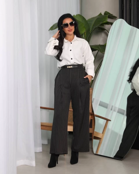 White cotton shirt with black striped pants set IB1046