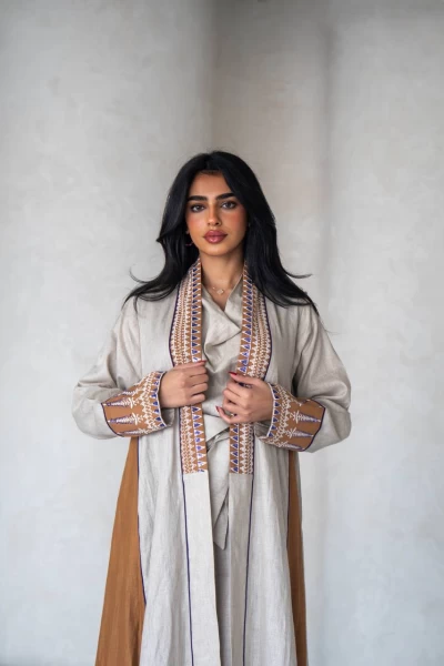 Linen Abaya in light beige with embroidery IB278 Light Beige